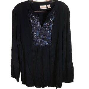 Chicos women’s blouse navy blue top split neck size 3 sequined neckline rayon XL